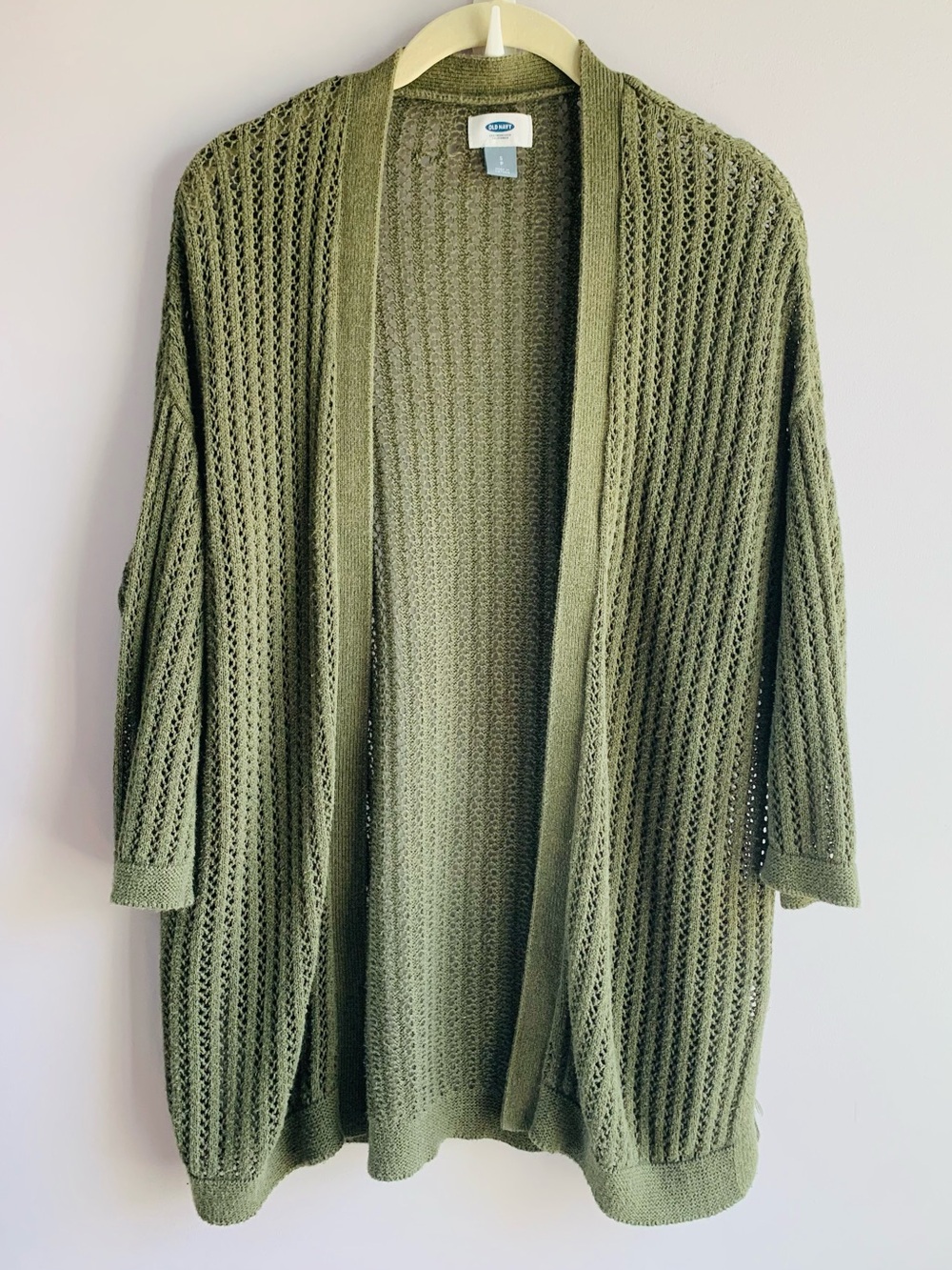 Old Navy Cardigan Olive Lacy Cotton Open Front Business Casual Fall EUC Small